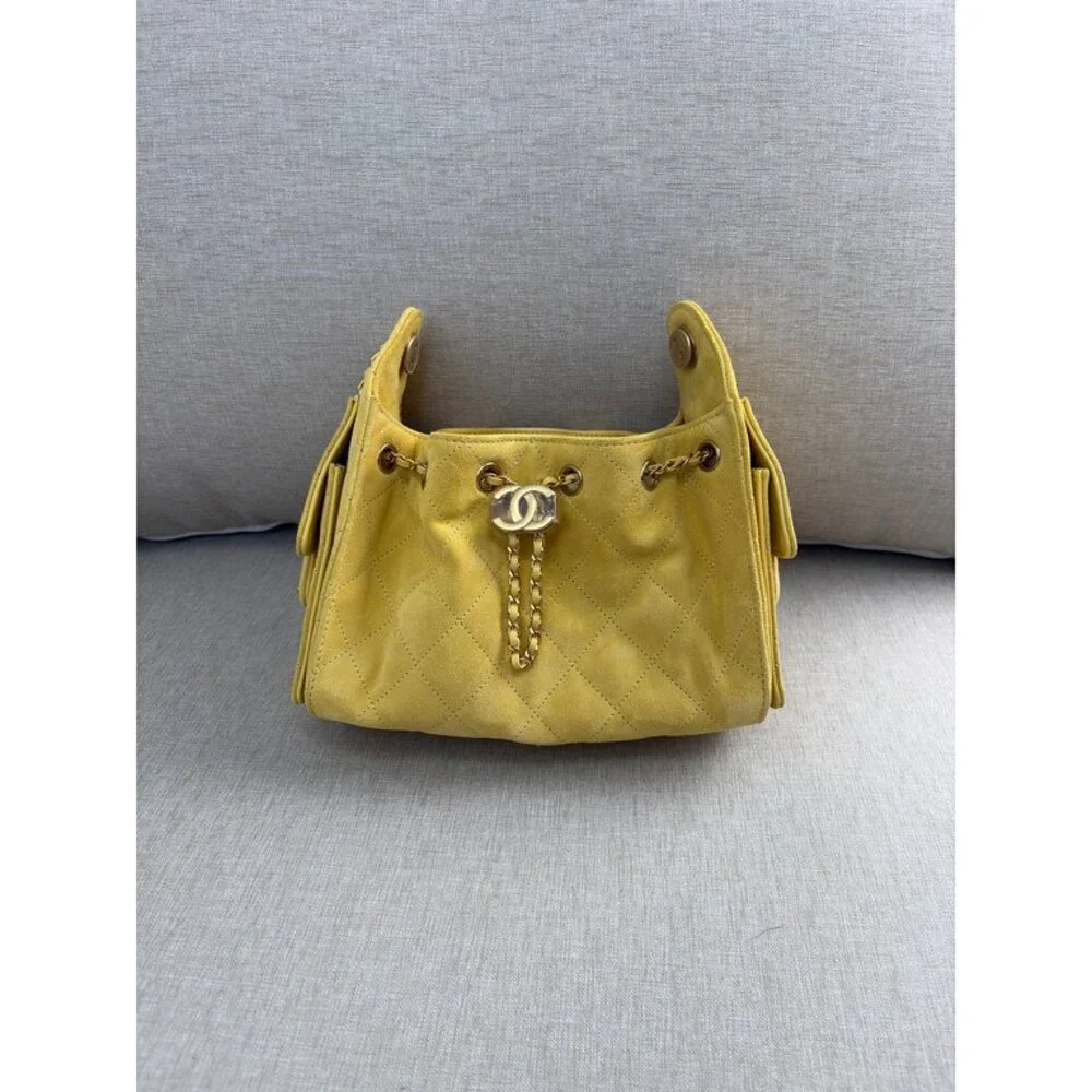 CHANEL Yellow Calfskin Drawstring Bucket Bag Mini GHW